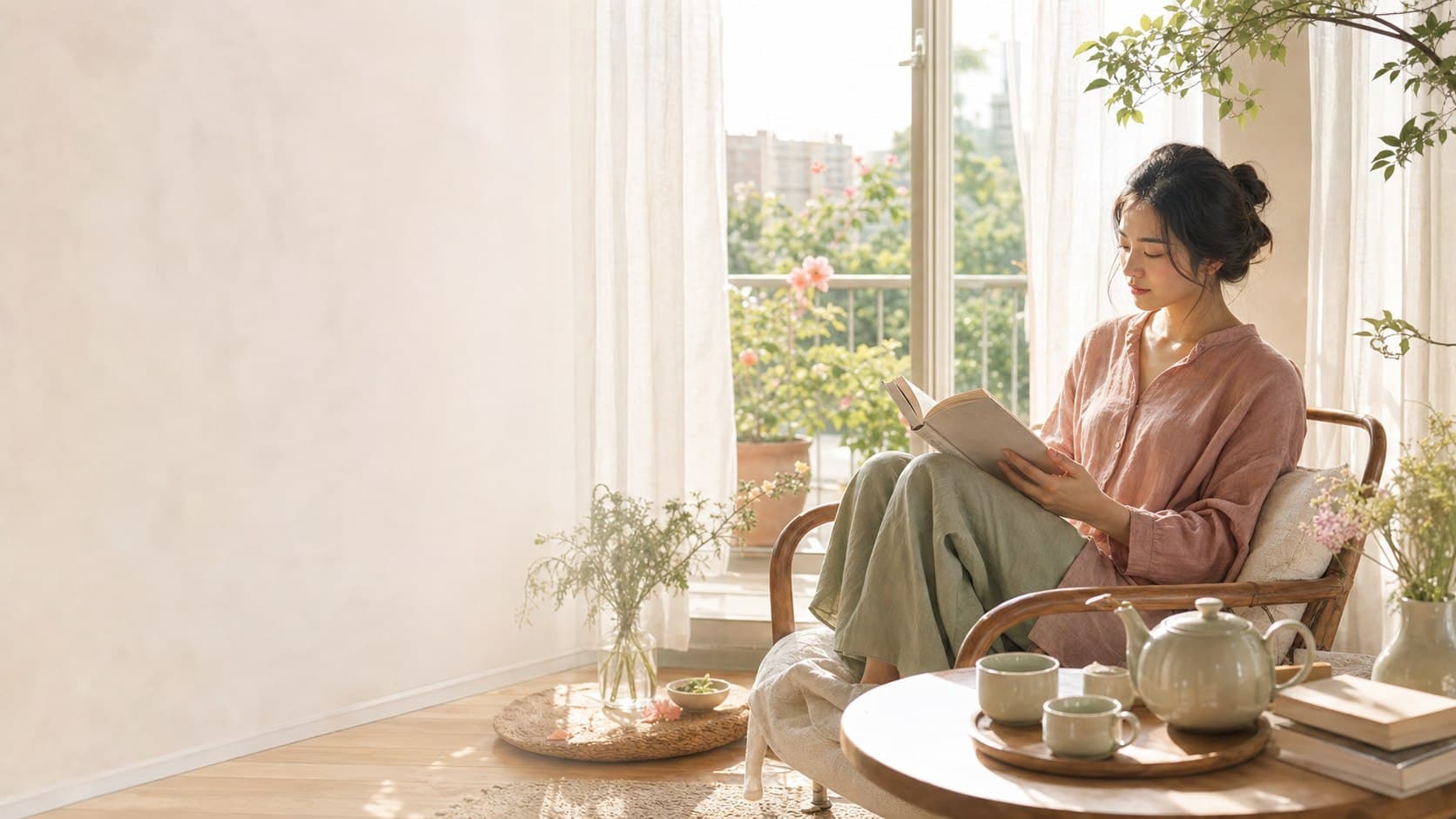 Người phụ nữ đọc sách trong căn phòng ngập nắng nhìn ra ban công xanh